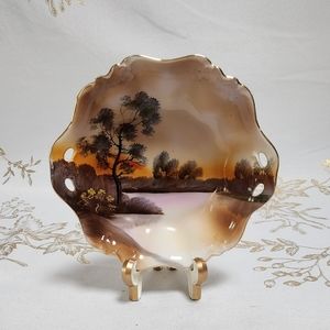 Noritake Japan Vintage Handled Scalloped Bowl - Handpainted Tree In Sunset